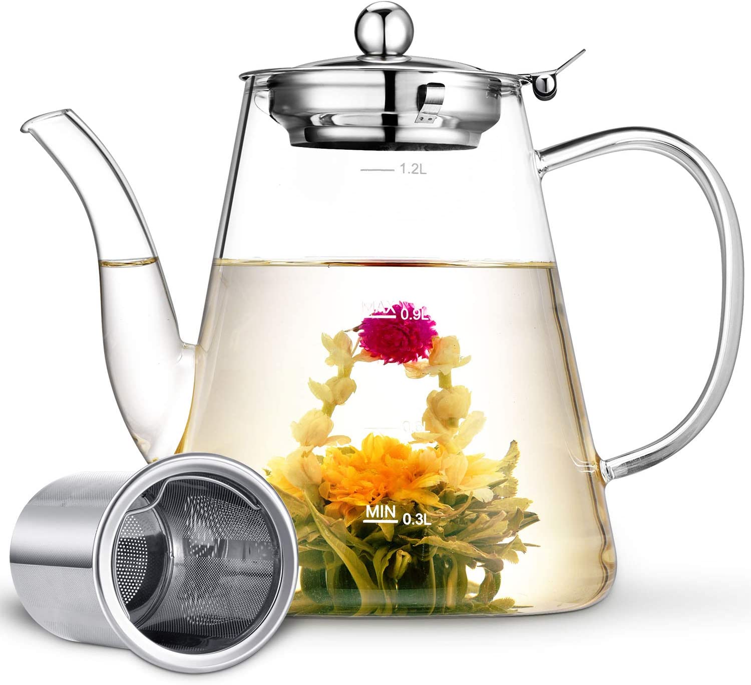 Zpose Teapot Glass, Borosilicate Glass Teapots 1200 ml with Scale Line, Teapot with 304 Rustproof Stainless Steel Strainer Insert, Removable, Glass Teapots for Loose Tea, Blossom Tea, etc