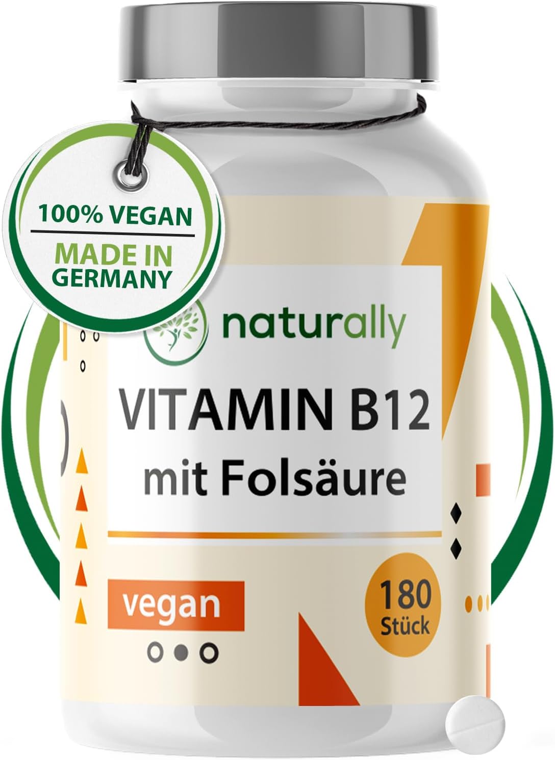 Natural Vitamin B12 Tablets with Folic Acid - 180 Tablets - Premium with Both B12 Active Forms & Folate 5-MTHF from Quatrefolic® - Laboratory Tested, No Additives, Vegan, Made in Germany