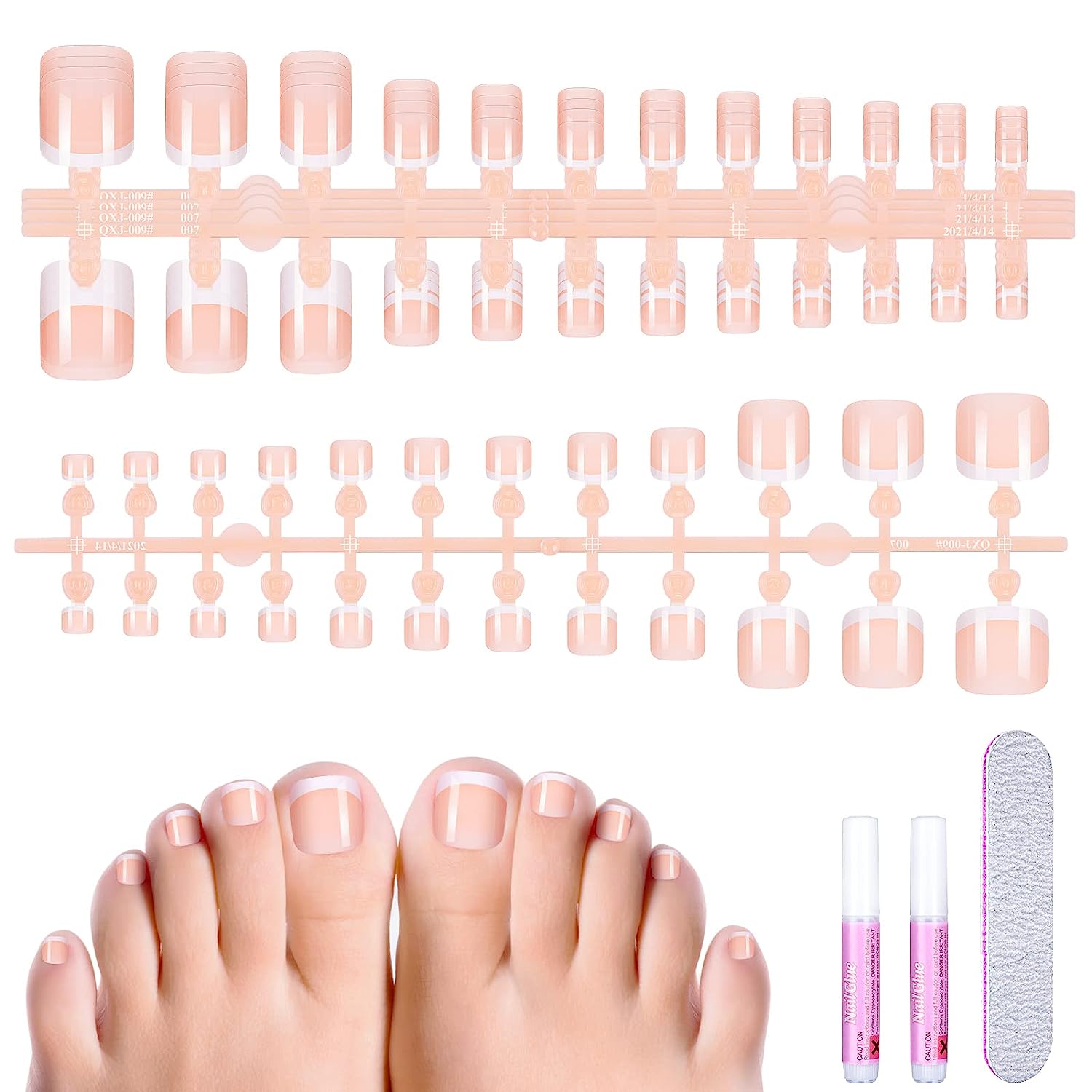Melliex Pack of 120 False toenails Kit, French Natural Artificial Toenails for Sticking, Full Cover Toe Nails Tips for Women, 12 SIES