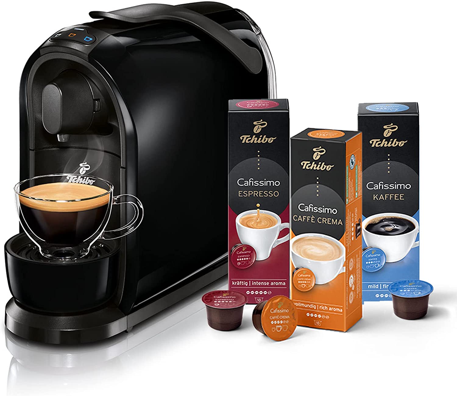 Tchibo Cafissimo Pure Coffee Machine for Coffee, Espresso, Caffè Crema and Tea, Includes 30 Capsules, Black