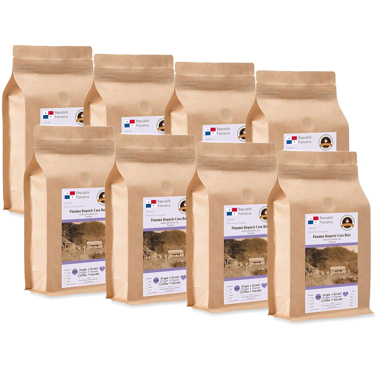 Coffee Globetrotter - Coffee with Heart - Panama Boquete Casa Ruiz - 8 x 1000 g Whole Bean - for Fully Automatic Coffee Grinder - Roasted Coffee Fair Trade | Gastropack Economy Pack