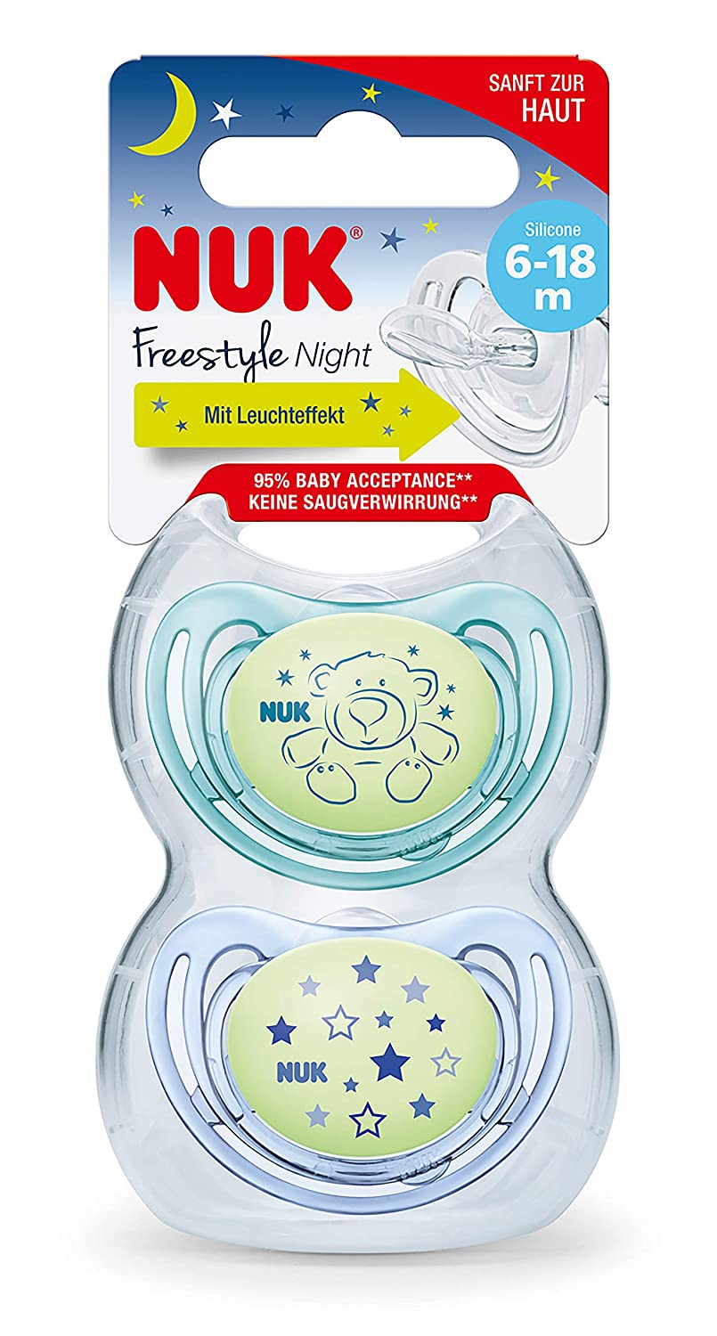 NUK Freestyle Night Dummy, with Luminous Effect, Silicone, 6-18 Months, Orthodontic Shape, Green & Blue, Pack of 2