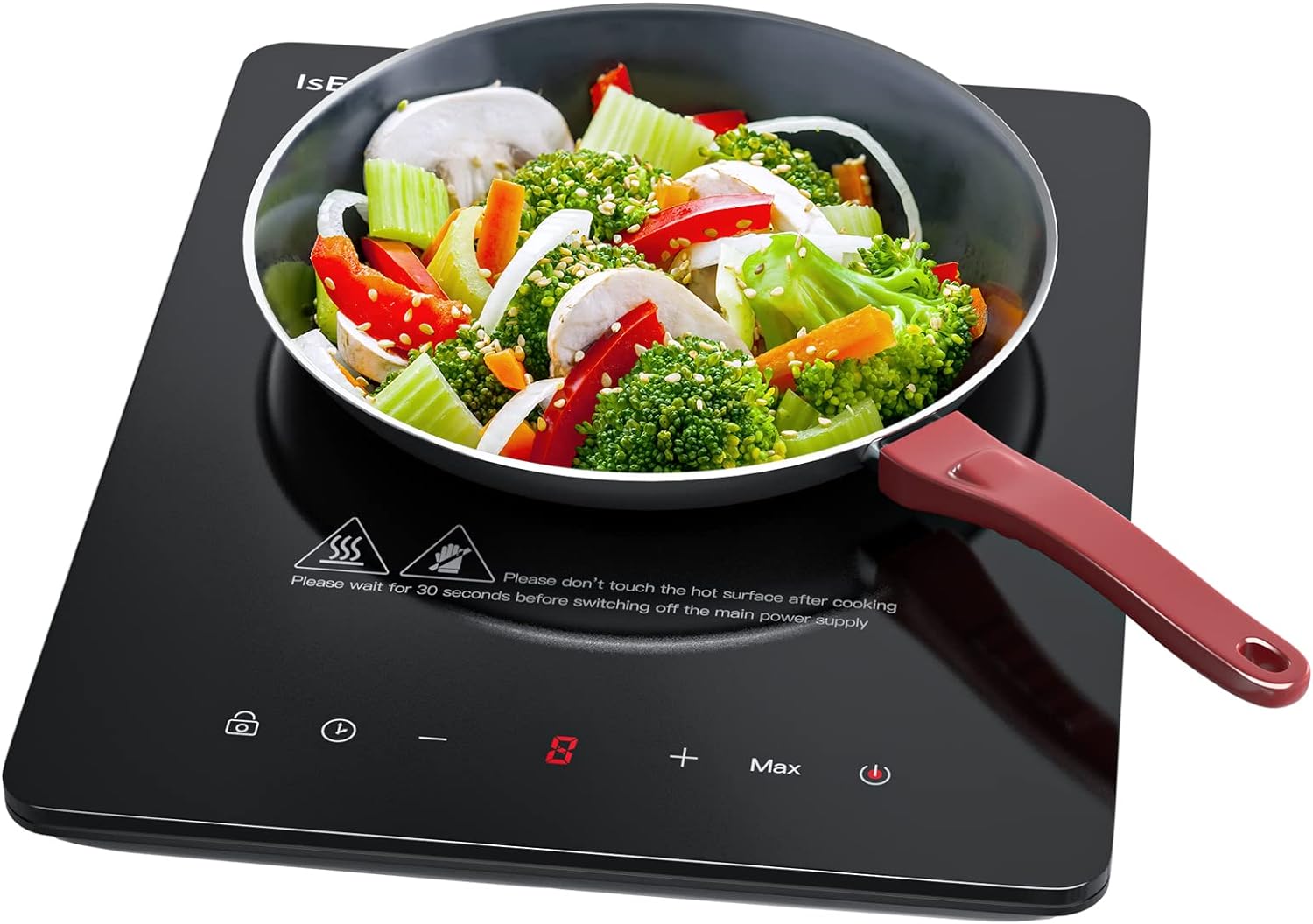 IsEasy Induction Hob 1 Plate 2100 W, 28 cm Hot Plate, Portable, with Plug, 9 Heat Settings, 8-Hour Timer, Touch Control, Booster Function, Black