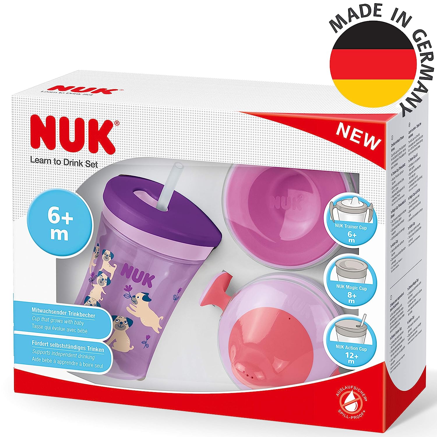 NUK 3-in-1 Drinking Set with Trainer Cup Trainer Cup Sippy Cup (6+ Months), Magic Cup 360° Drinking Cup (8+ M) & Action Cup Drinking Bottle Children (12+ M) | 230 ml | BPA-Free | Dog (Purple)