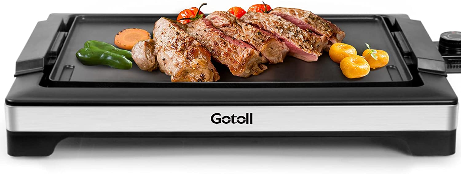 Gotoll Electric Table Grill, Non-Stick Grill Plate, Low Smoke Indoor BBQ Grill, Removable Collection Container, Adjustable Thermostat, 2000 Watts