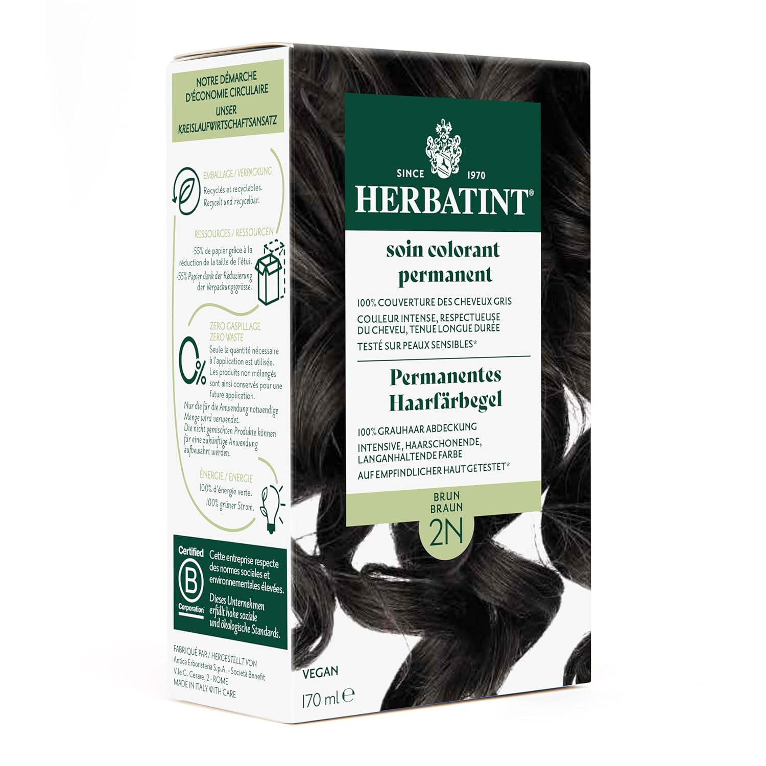 Herbatint Permanent Hair Dye Gel 2N Brown - 170 ml I No Ammonia, 100% Gray Hair Coverage I Tested for Sensitive Skin with 8 Plant Extracts