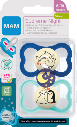 MAM Pacifier Supreme Night Silicone, blue/turquoise, 6-16 months, 2 pcs