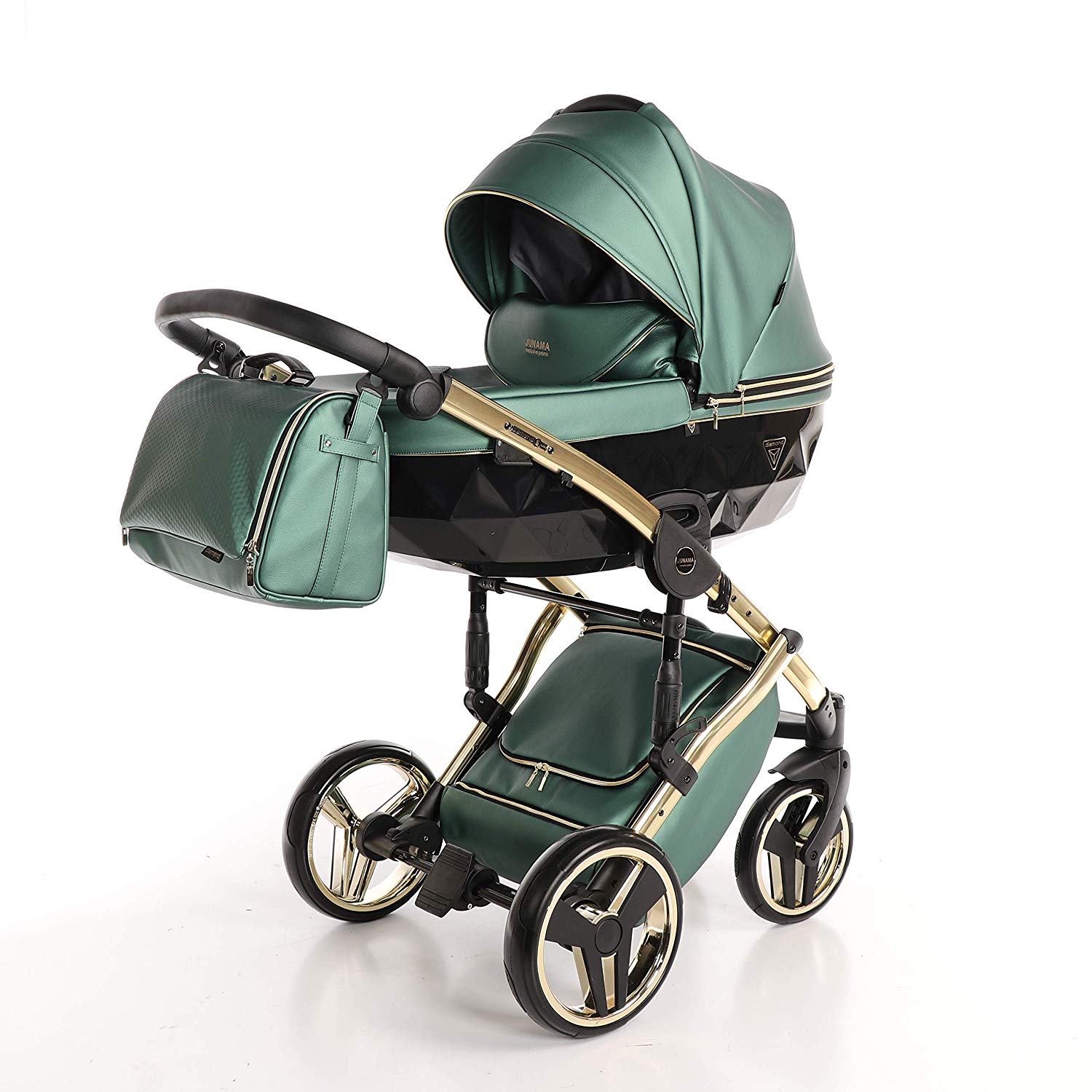JUNAMA Fluo Line Combi Pram Set with Accessories (02 Gold-Fluo Green Black Tub, 3-in-1)