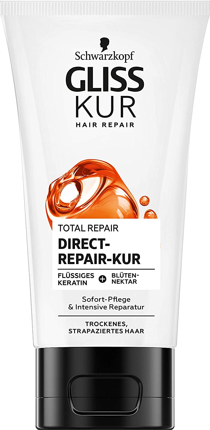 Gliss Kur Direct Repair Kur Total Repair (150 ml), hair treatment with keratin for immediate deep repair and intensive care, hair mask works without weighing it down