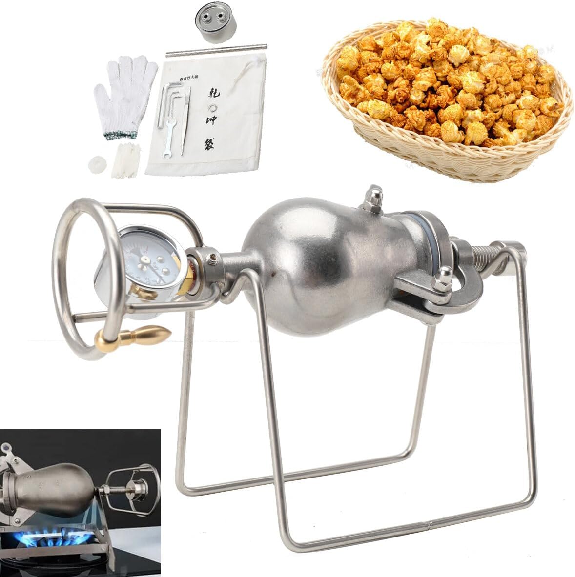 QAVODB 100 ml High Pressure Popcorn Machine, Mini Stainless Steel, Professional Popcorn Roaster, Hand Crank, Gas Heating, Slow Thrust with Pressure Gauge for Family Celebrations, Study Party Fun