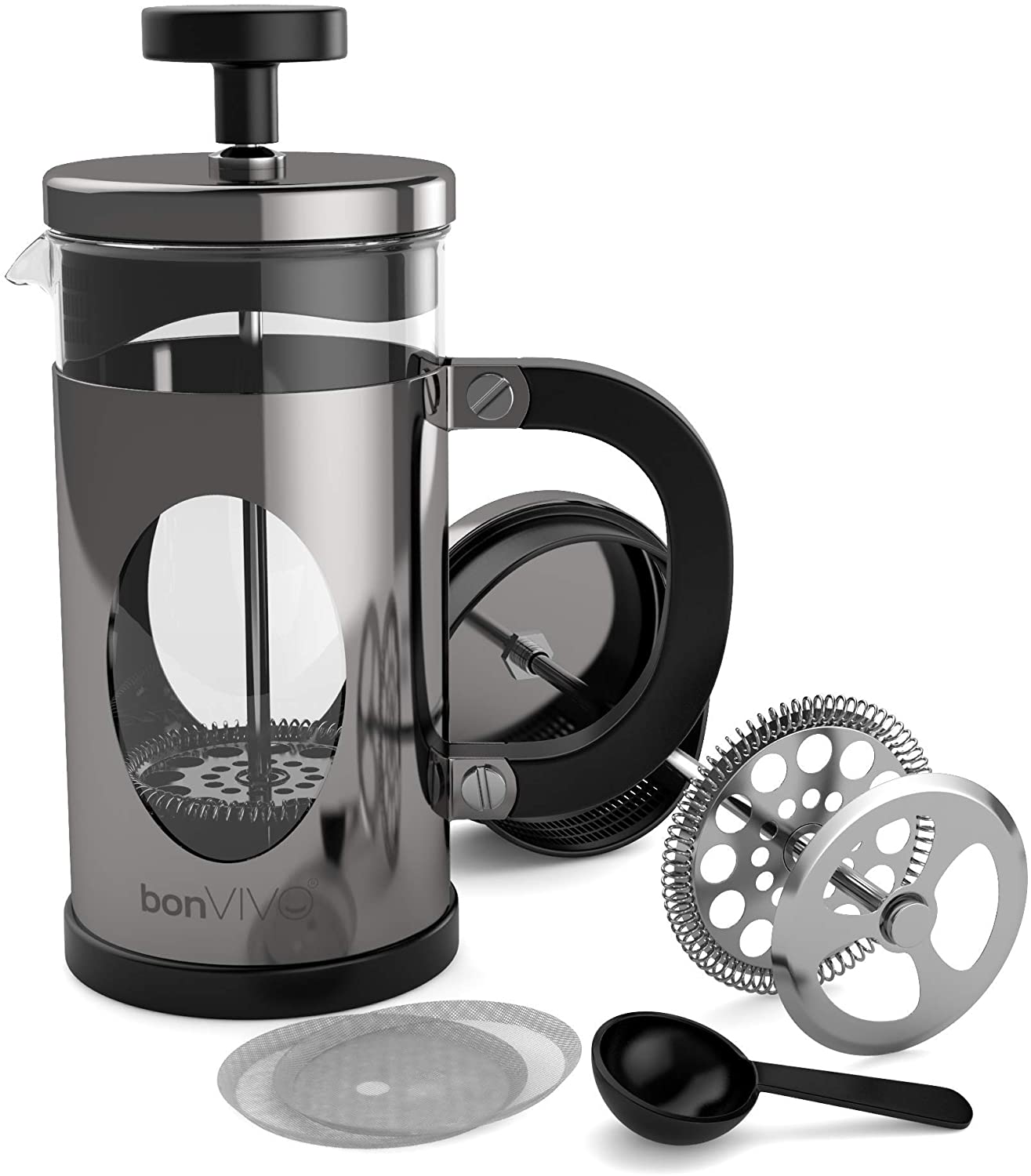 BonVivo® GAZETARO Designer Coffee Maker and French Press Coffee Maker, Glass Coffee Pot with Stainless Steel Frame & Stainless Steel Filter