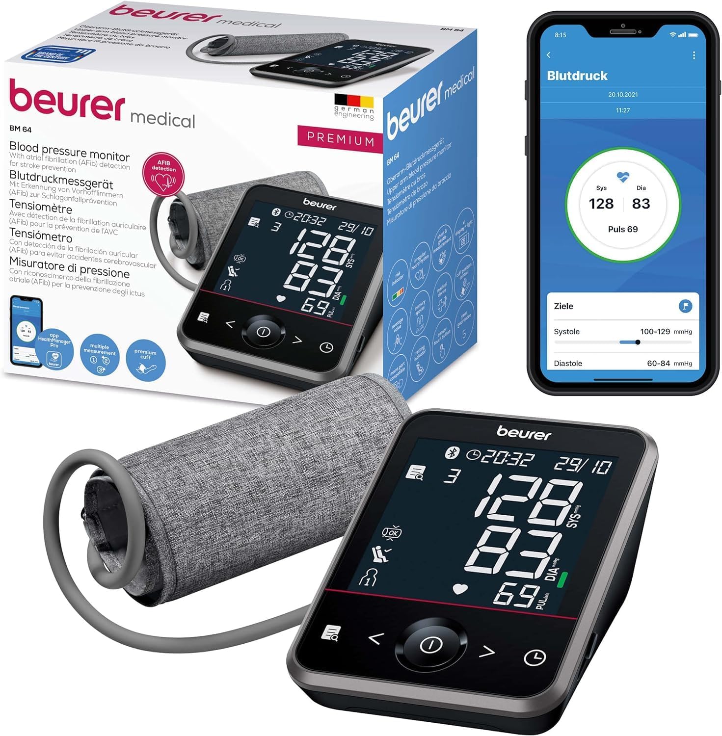 Beurer BM 64 Upper Arm Blood Pressure Monitor Atrial Fibrillation Detection (AFib) for Stroke Prevention, App Connection, Patented Rest Indicator, Upper Arm Cuff from 22-42 cm, Medical Device