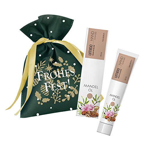 llm dermis care UMIDO Beauty Set Hand Lotion Almond Oil in Green PP Non-Woven Christmas Bag Hand Cream for Dry Skin Moisturiser Without Greasy Immediately Absorbent Lotion Nourishing Cream for Delicate Hands for Daily Skincare 1 x 45 ml (6) (7.)