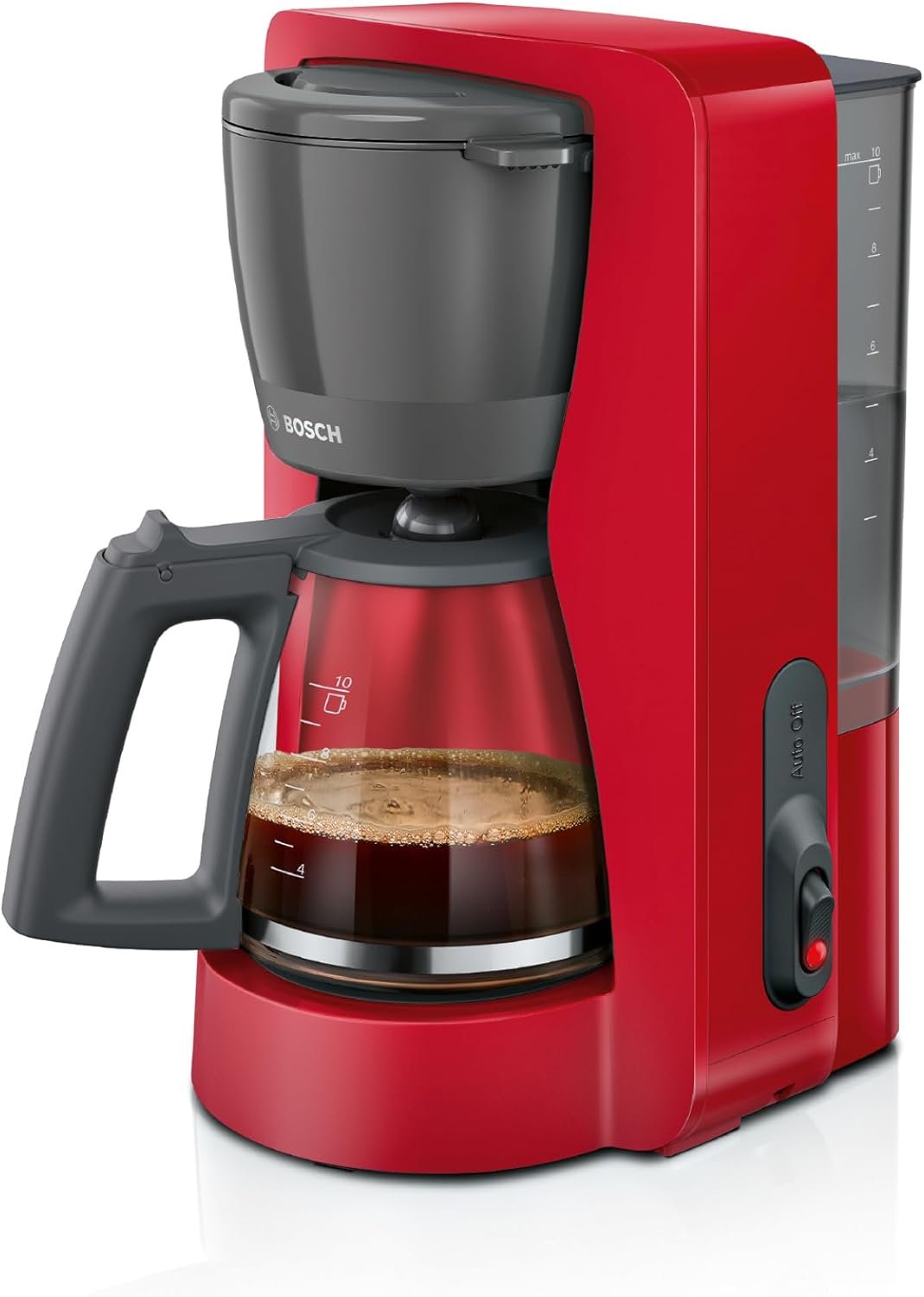 Bosch MyMoment TKA2M114 Filter Coffee Machine, Glass Jug 1.25 L, for 10-15 Cups, 40 Minute Warming Function, Drip Stop, Swivelling Filter Carrier, Removable Water Tank, 1200 Watt, Matte Red