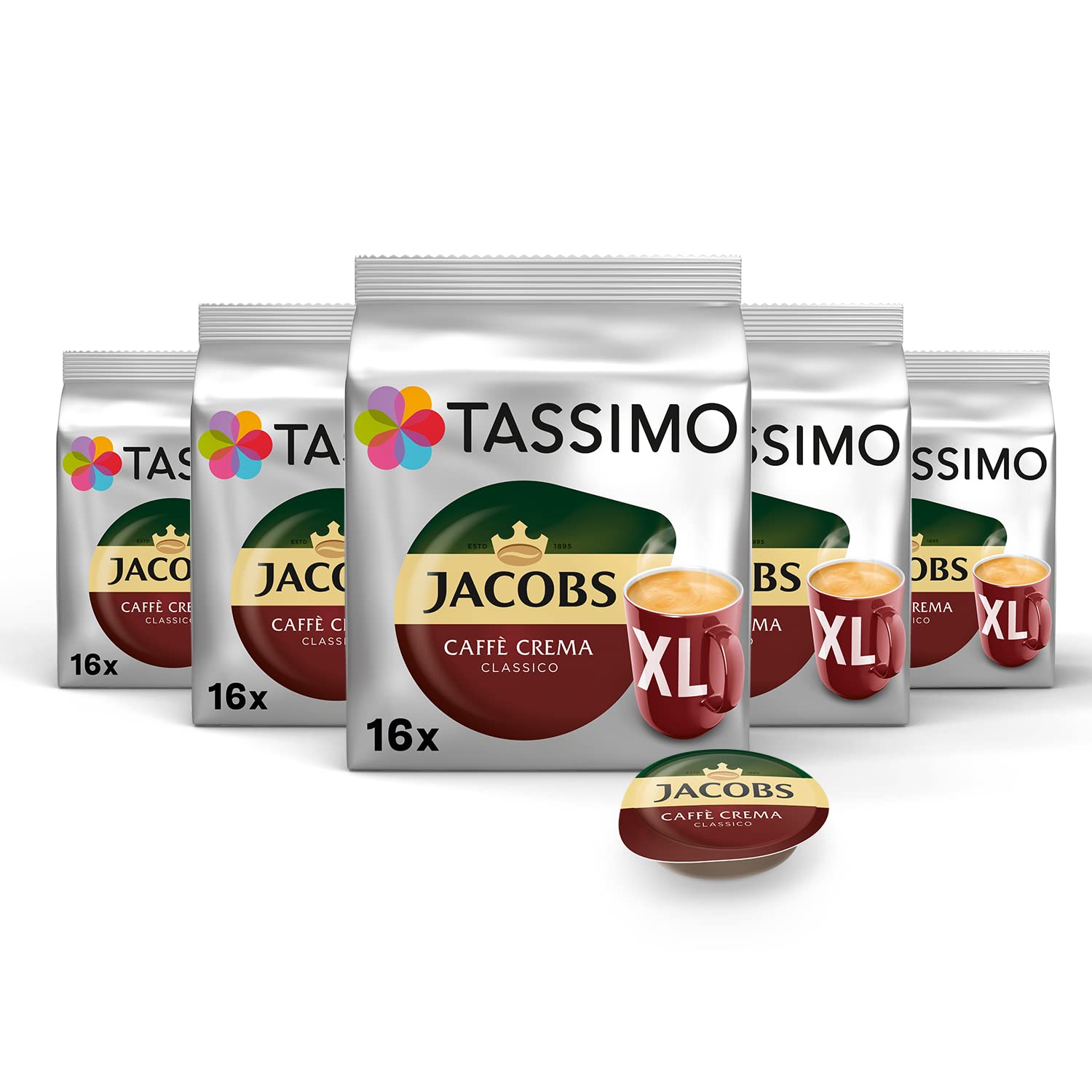 Tassimo Capsules Jacobs Caffè Crema Classico XL, 80 Coffee Capsules, Pack of 5, 5 x 16 Drinks