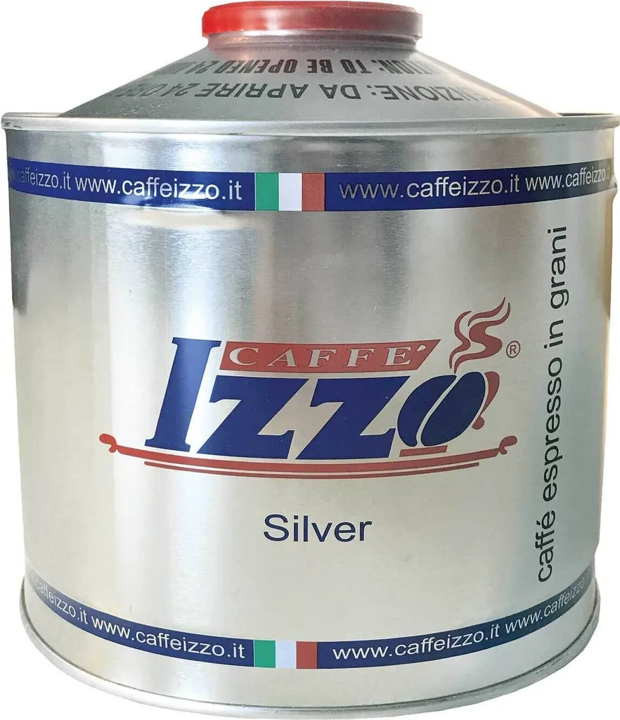 IZZO Espresso Napoletano Silver 1kg can of coffee beans in a dispenser, silver