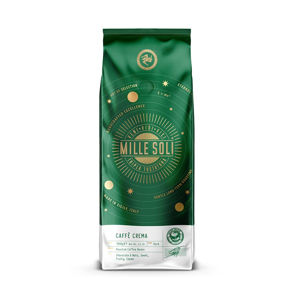 MilleSoli Caffè Crema - Bean Coffee 1 kg - Traditional Triple Roasting Handmade - Premium Coffee Beans with Perfect Crema, Particularly Low Acid for Fully Automatic and Portafilter