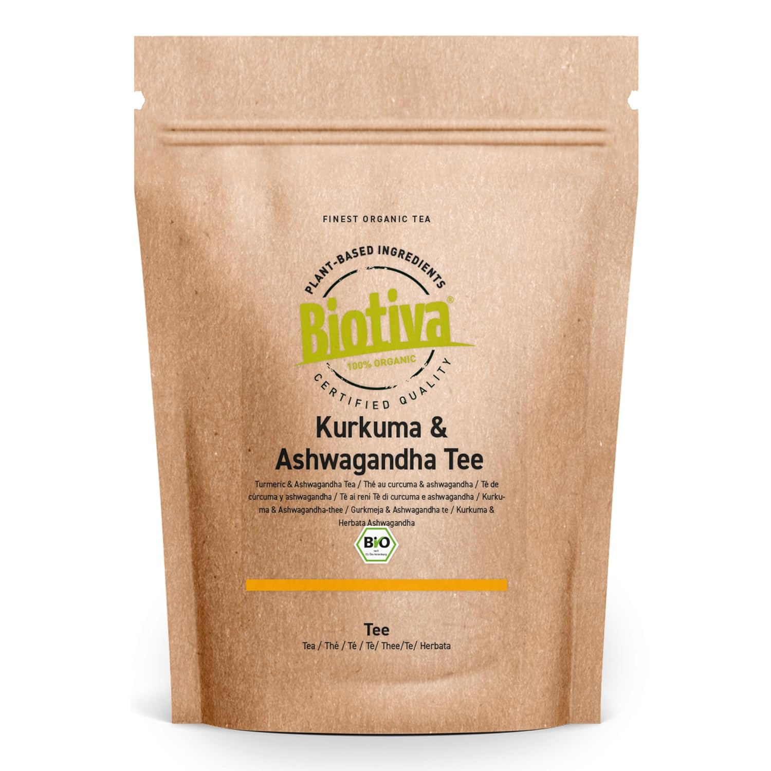 Turmeric & Ashwagandha Tea Organic 100 g – High Quality Turmeric Root (Curcuma Longa) and Ashwagandha (W. somnifera) Dried – Bottled and Controlled in Germany Biotiva