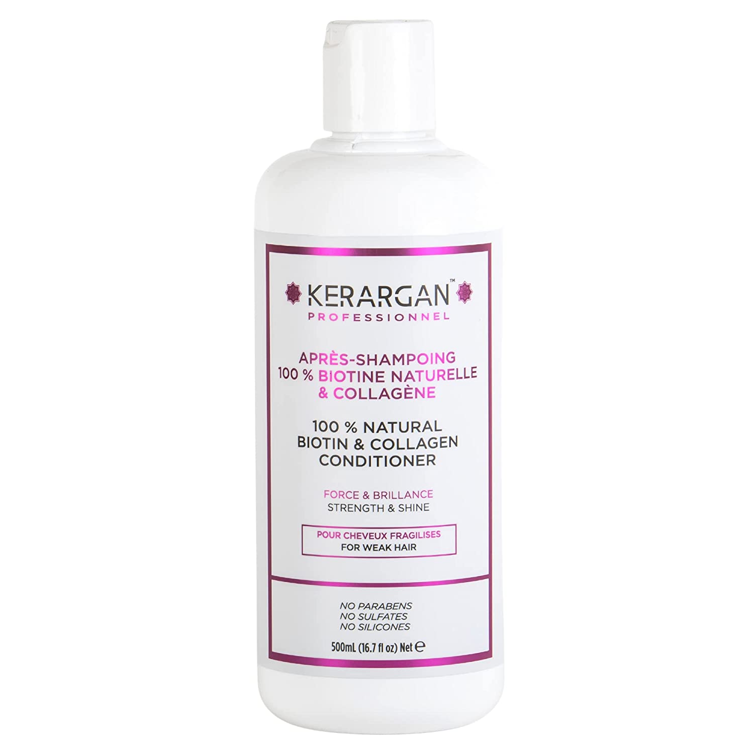 Kerargan - Conditioner with biotin and collagen to give your hair new strength and shine while making it thicker at the same time - For damaged hair - Sulphate, Paraben and Silicone Free - 500ml, ‎white