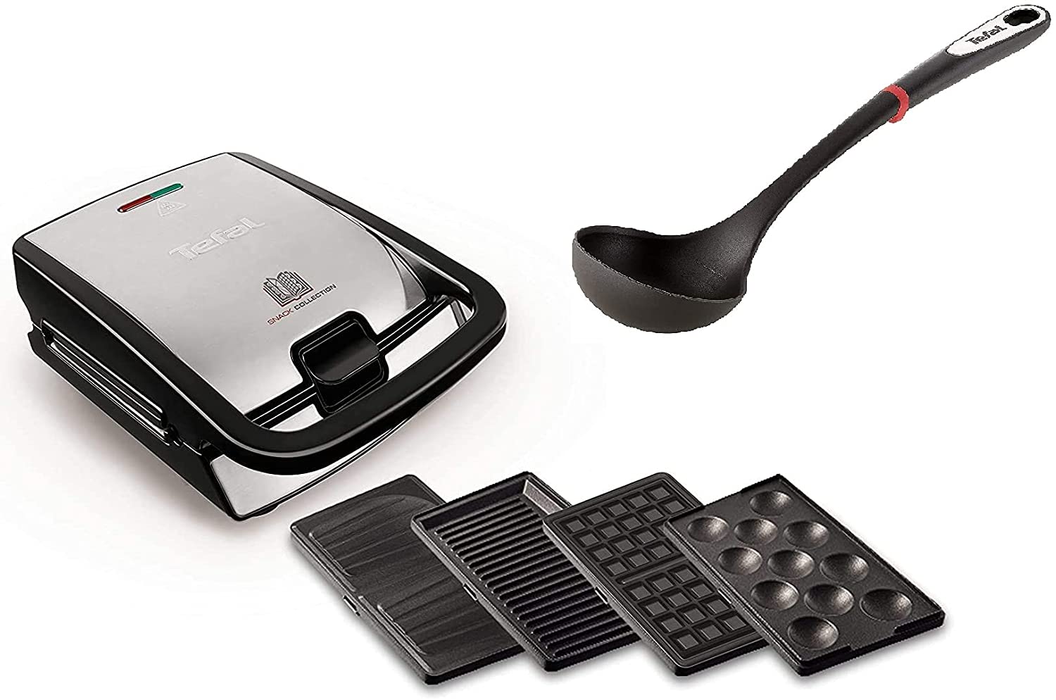 Tefal Snack Collection 2-in-1 Combination Device (Sandwich Toaster Waffle Iron + Soup Ladle), Dishwasher Safe & Removable Plates, Non-Stick Coating, 700 Watt, Black, Stainless Steel, Belgian