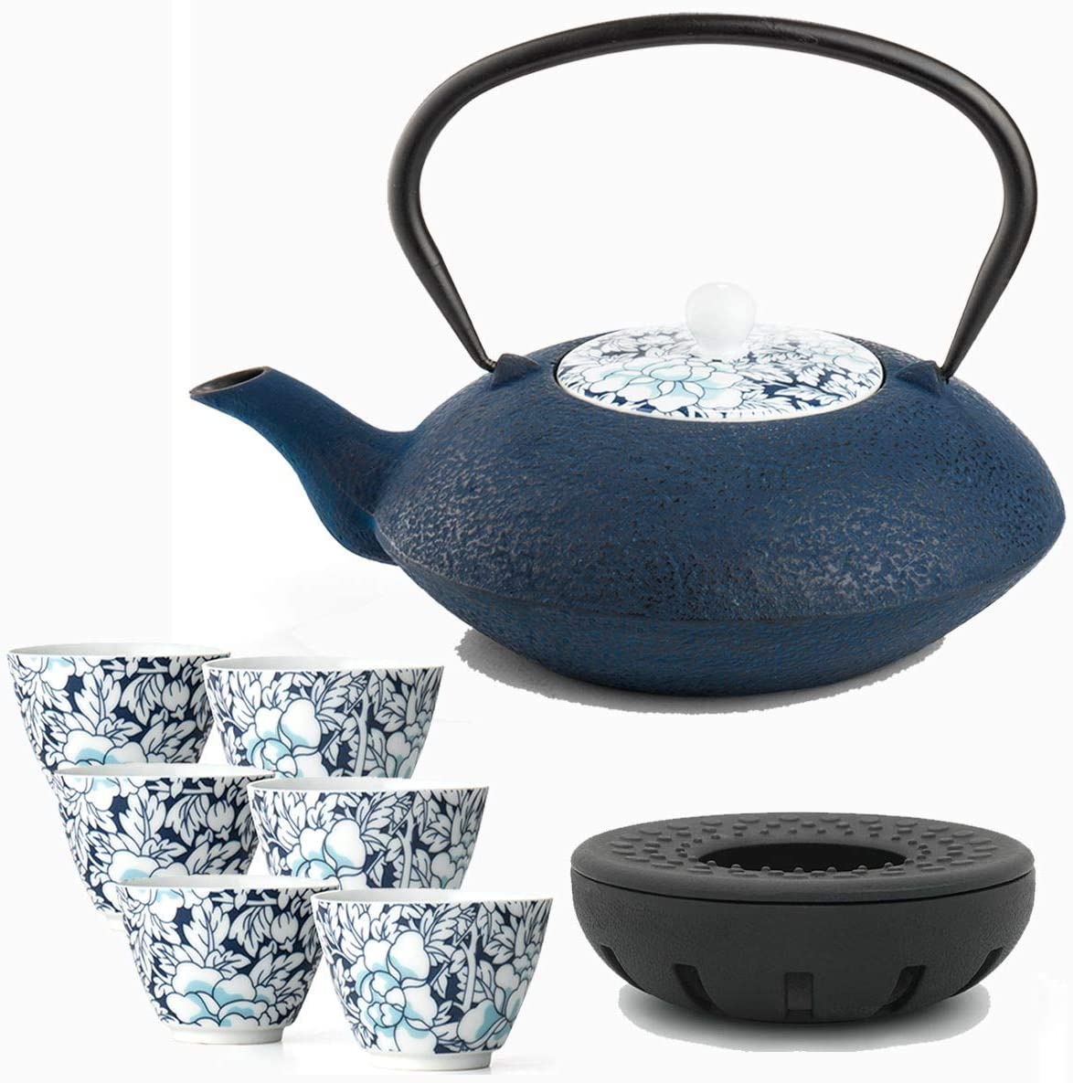 Bredemeijer Asian Cast Iron Teapot Set Blue 1.2 Litres with Tea Filter Strainer and Cast Iron Teapot Warmer Including 6 Blue Tea Cups Porcelain