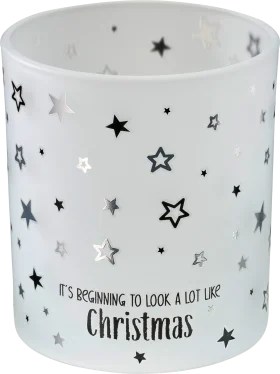 Boltze candle holder made of glass \"IT´S BEGINNING TO LOOK A LOT LIKE Christmas\", white-silver-black, 1 piece