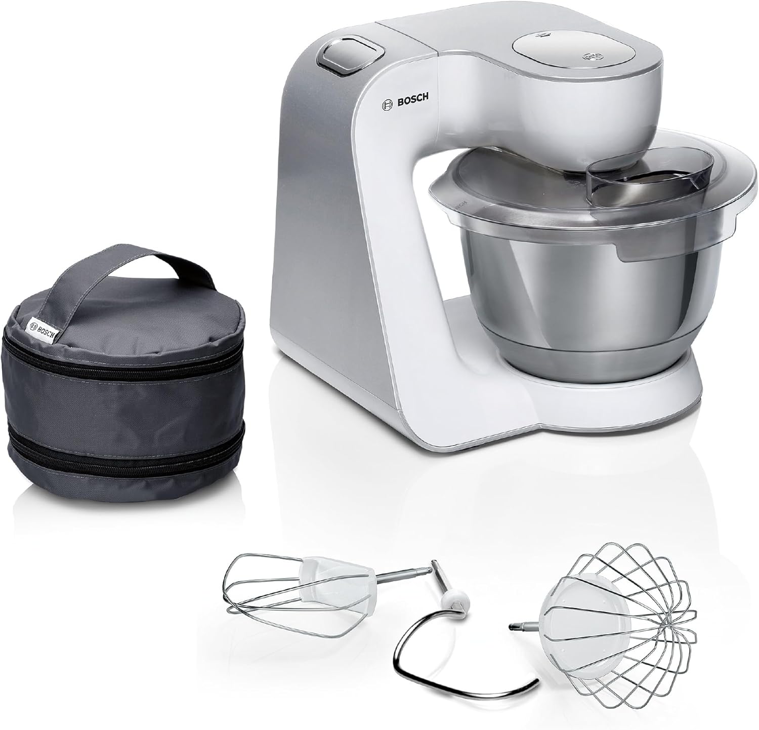 Bosch MUM58200 Series 4 Food Processor, Dough Hook, Mixing & Whisk Made of Stainless Steel, Accessory Bag, Stainless Steel Bowl, Dishwasher-Safe, 3D Mixing System, White/Silver