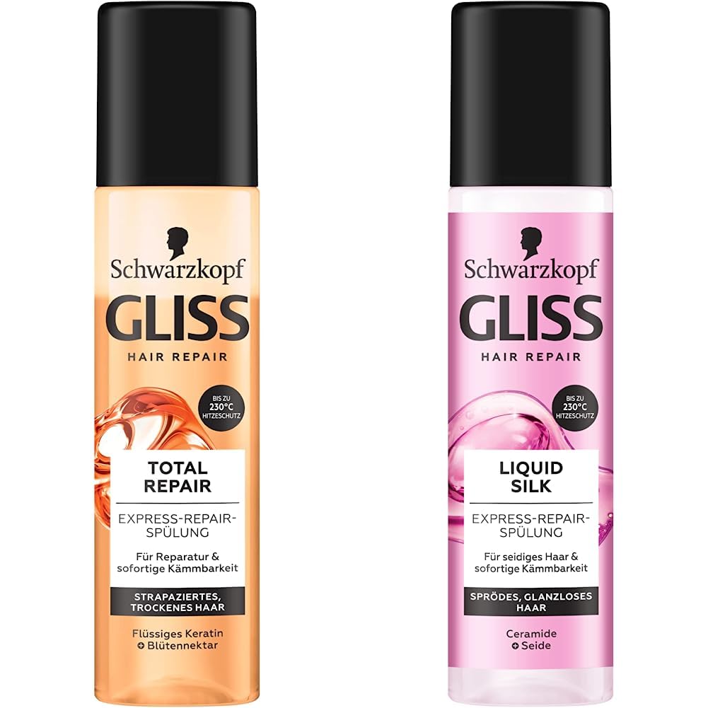 Gliss Express Repair Conditioner Total Repair (200 ml) & Gliss Express Repair Conditioner Liquid Silk (200 ml), Hair Conditioner for Exceptionally Soft Hair, Conditioner with Heat Protection up to 230