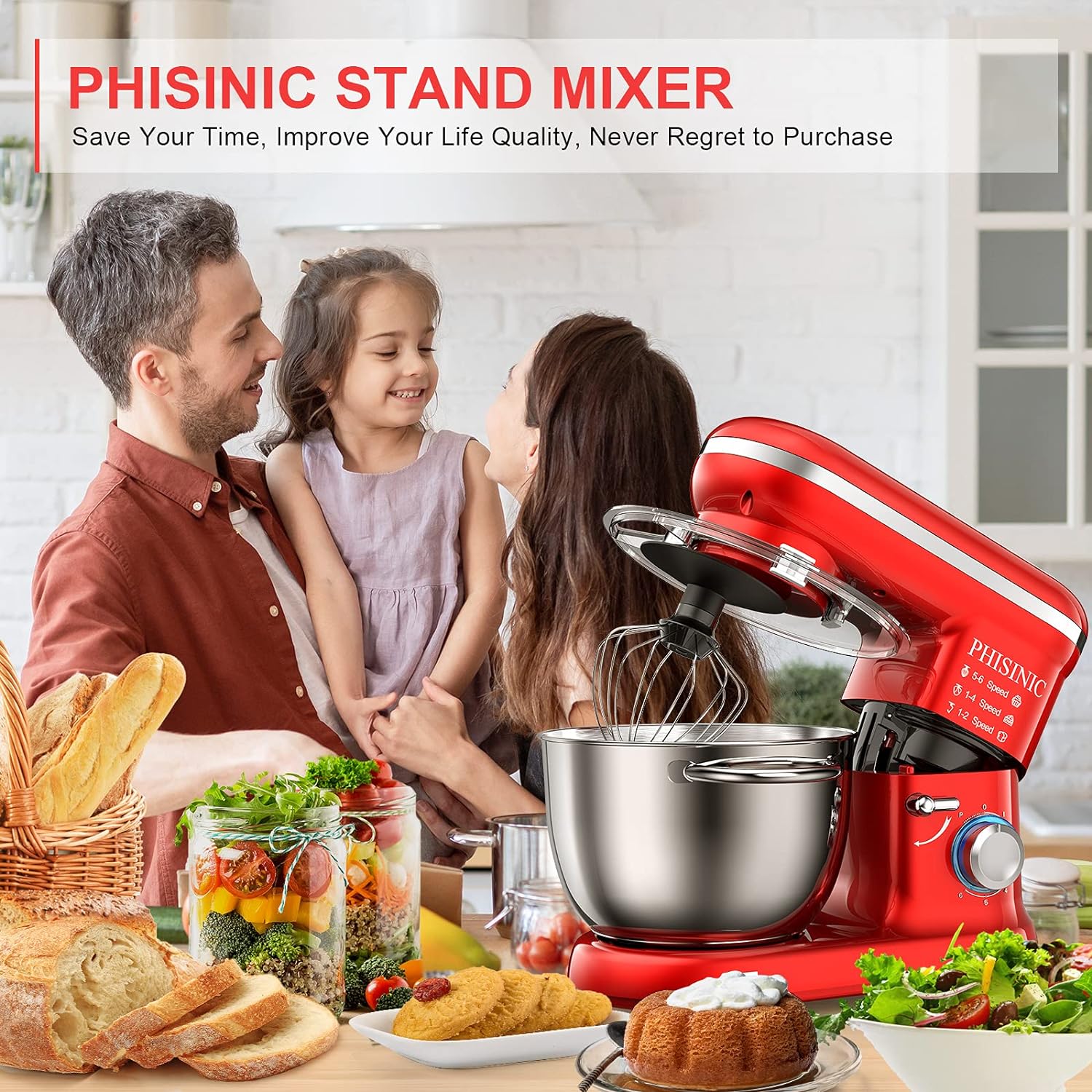 Phisinic Food Stand Mixer, 1500 W, Kneading Machine with 5.5 L Stainless Steel Bowl, 6 Speeds, Dough Machine with Dough Hook, Whisk, Flat Stirrer and Splash Guard