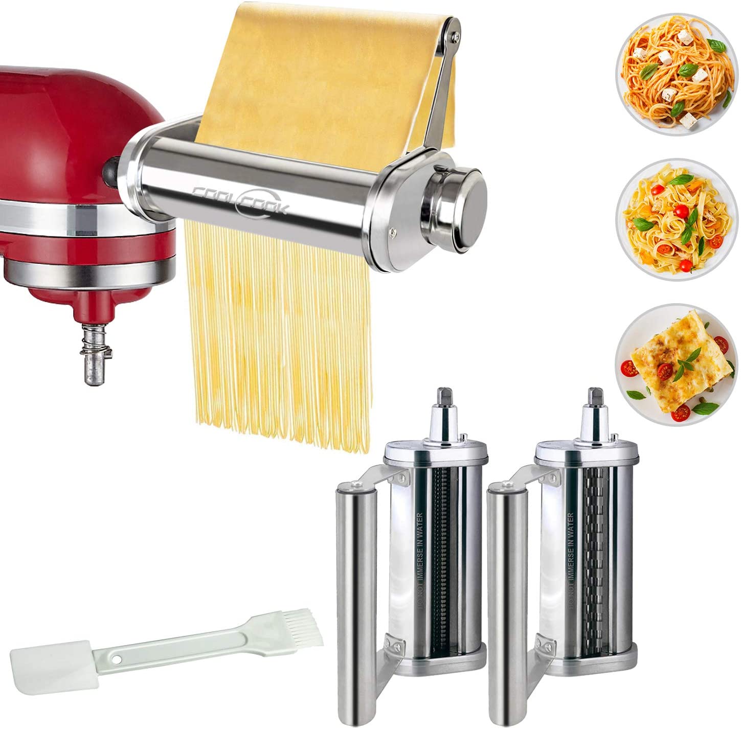 Coolcook Pasta Maker Attachment Set for KitchenAid Stand Mixer with Unique Roller, Pasta Sheet Roller, Spaghetti Cutter, Fettuccine Cutter, Stainless Steel