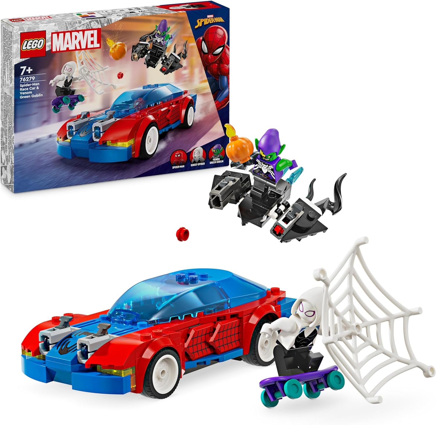 LEGO Marvel Spider-Mans Racing Car & Venom Green Goblin, Spidey Toy for Role Play with Superhero Figures and Buildable Car, Gift for Children, Boys and Girls from 7 Years, 76279