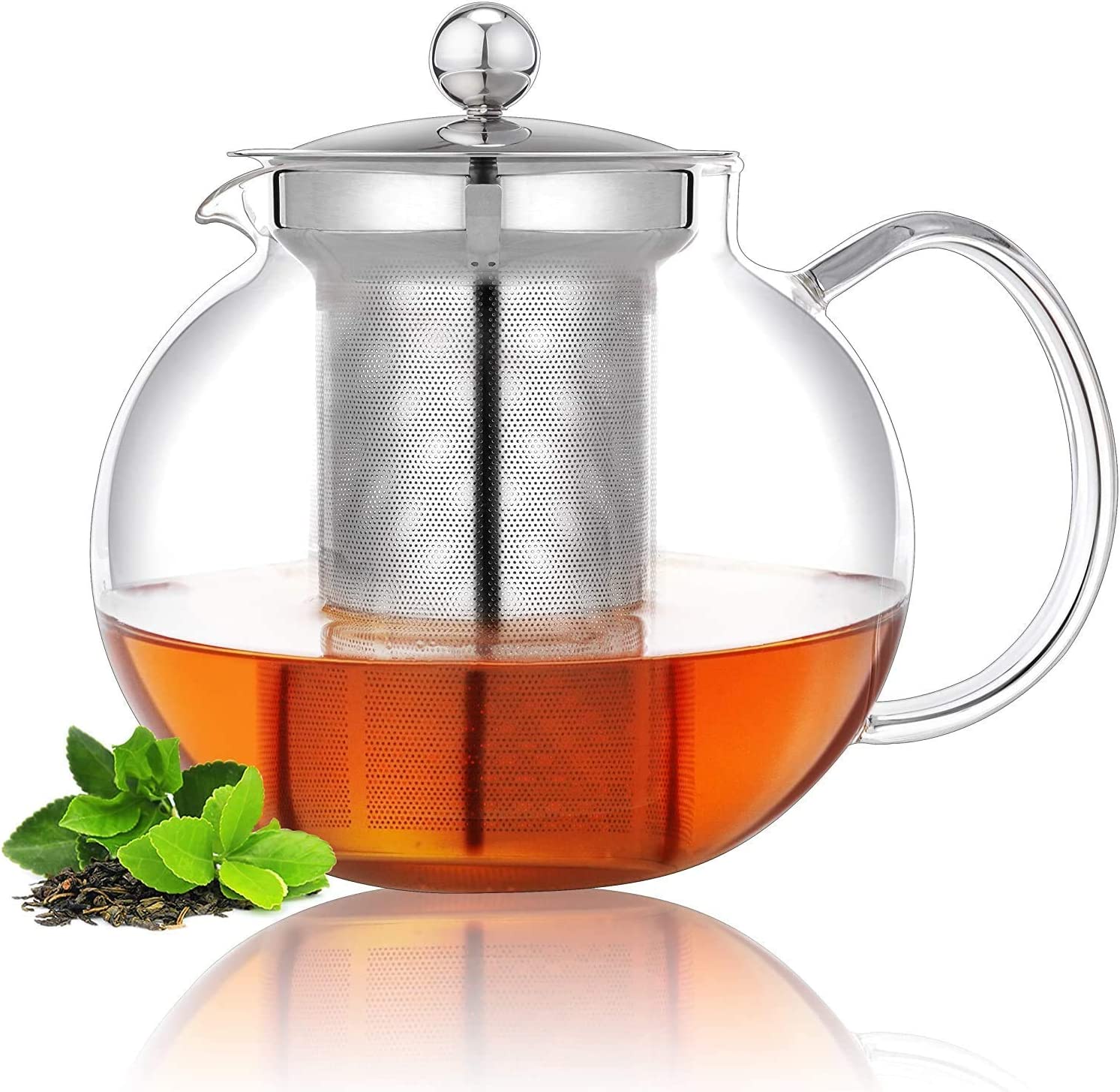 SUREWIN Glass teapot with strainer, removable stainless steel infuser (33 oz/1000 ml), perfect for loose leaf tea, tea bags, herbal tea, great gift for festival, birthday hold 3-4 cups