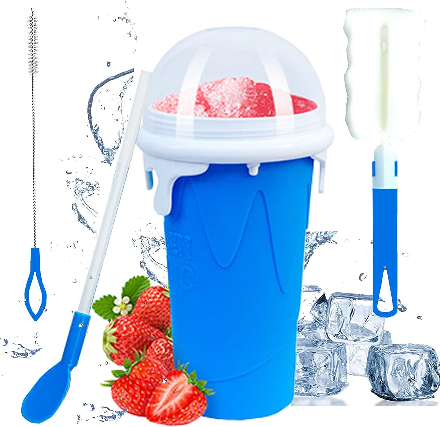 Ekezon Slush Cup, Slushy Maker Silicone Squeeze Cup Slush Ice Cup for Kneading DIY Slushie Maker Cup Smoothie Cup Summer Slush Cup with 2 in 1 Straw Spoon for Delicious Slush (Blue)