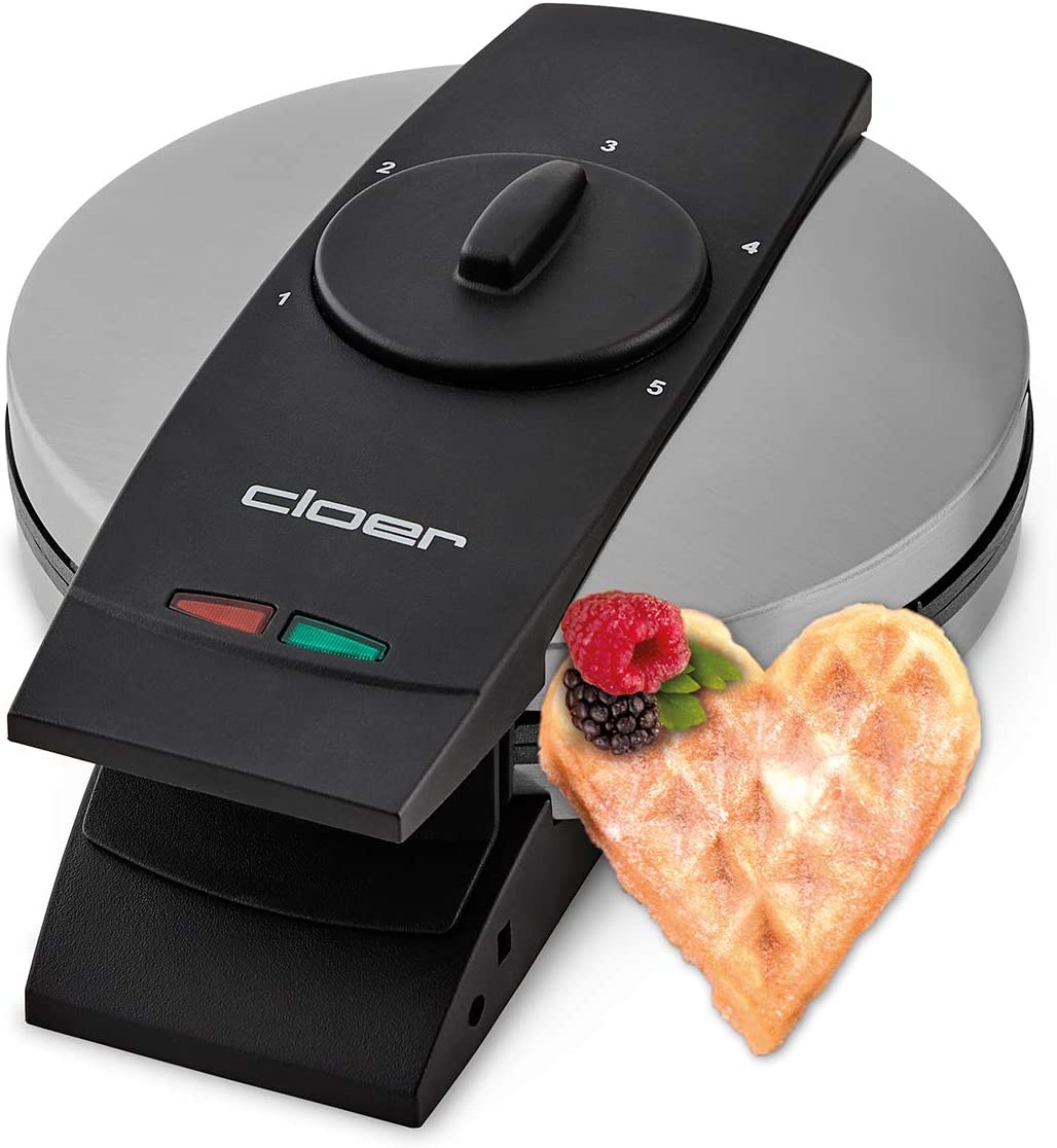 Cloer 1639SR Waffle Iron, Heart Waffle 15.5 cm Diameter, Double Non-Stick Coating, Sugar Resistant, 930 W, Baking Basket, Practical Stand Function, High-Quality Stainless Steel Housing, Steel