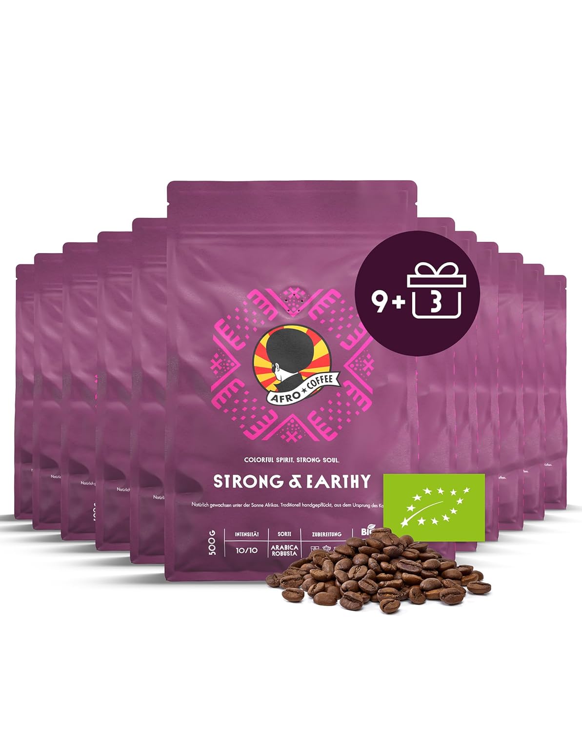 AFRO COFFEE Strong & Earthy I 9+3 Offer 500 g Premium Organic Coffee Beans Fairtrade I Arabica & Robusta Beans I Bean Coffee from East Africa with Nutty Note I Hand Picked, Dark Roasted, Low Acid