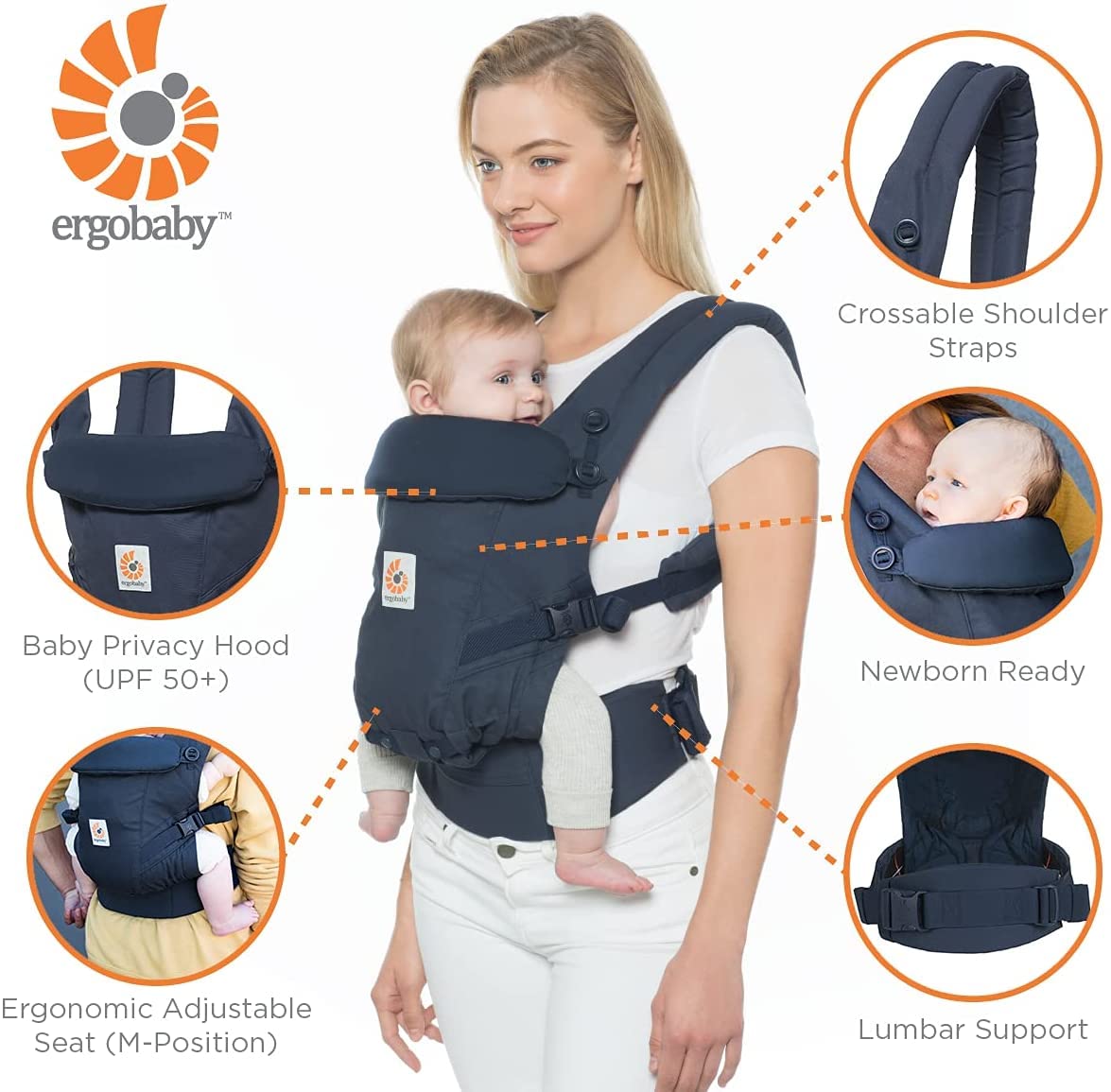 Ergobaby baby carrier for newborns (3.2 to 20 kg) Adapt Cool Air Mesh Deep Blue, ergonomic baby carrier, front carrier and back carrier, blue