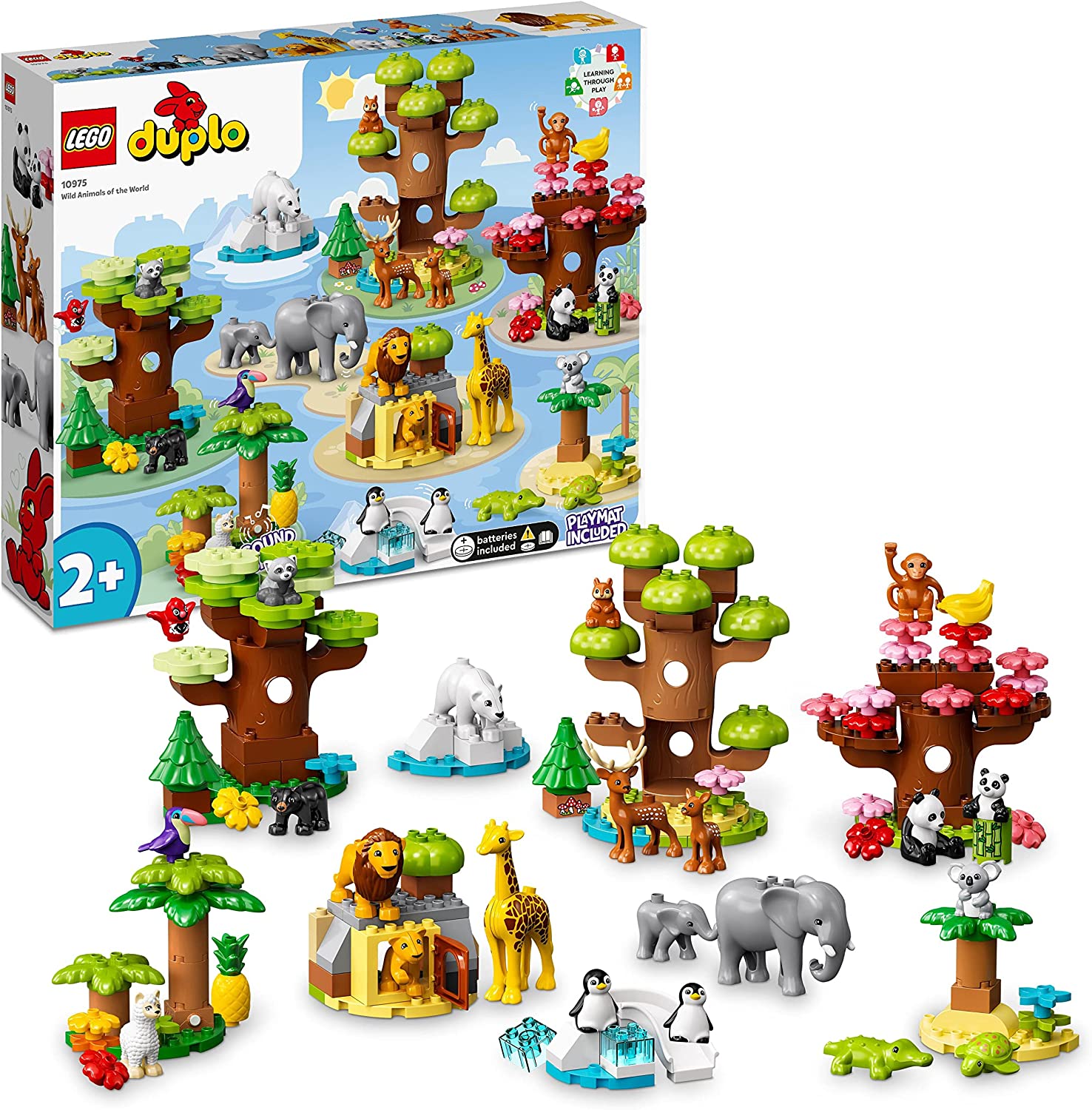 LEGO 10975 DUPLO Wild Animals of the World Zoo Toy with Sound, with 22 Animal Figures and Stones, Educational Toy from 2 Years with World Map Play Mat