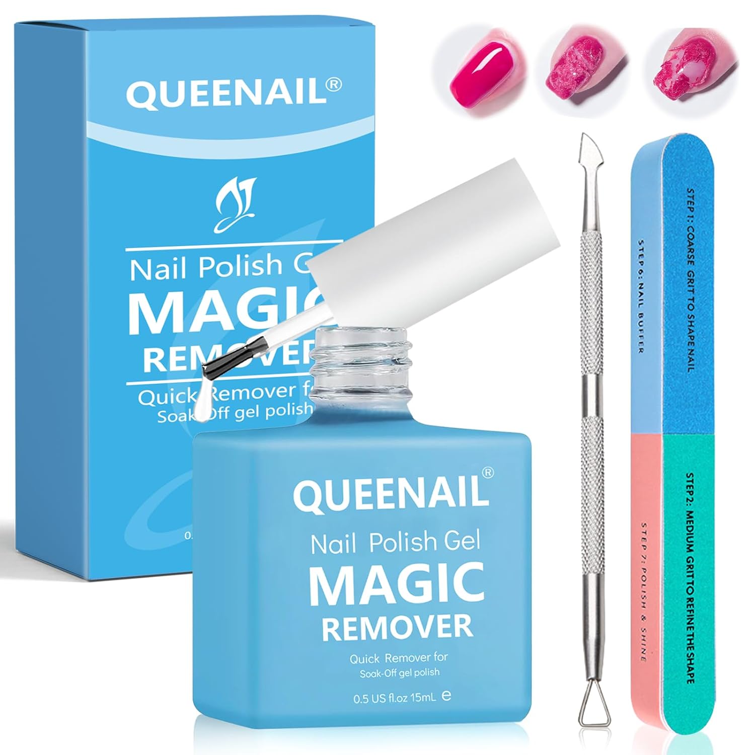 1 x Nail Polish Remover 15 ml, Gel Nail Polish Remover, Gel Nails Shellac Remover Remover with 2 Tools for Quick Removal Gel Nail Polish in 3-5 Mins, Gel Nail Polish Remover for Nail Art