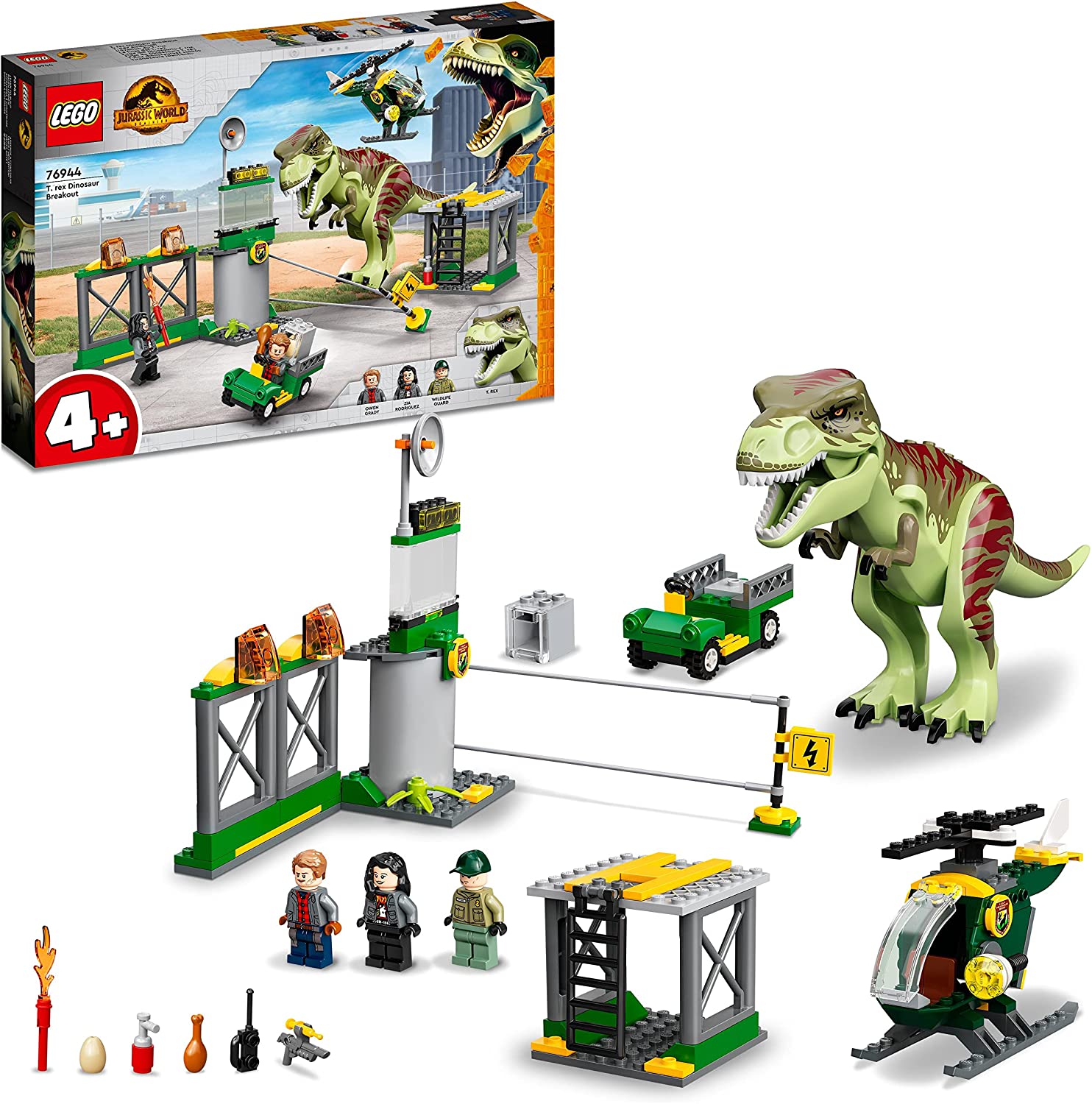 LEGO 76944 Jurassic World T. Rex Breakout Set with Figure, Helicopter, Airport and Toy Car, Dinosaur Toy from 4 Years