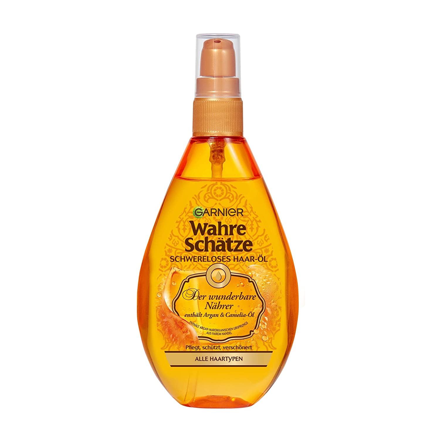 Garnier True Treasures Weightless Hair Oil Argan and Camelia Oil Nourishes and Pampers Dry Hair for Increased Shine and Suppleness, 150ml