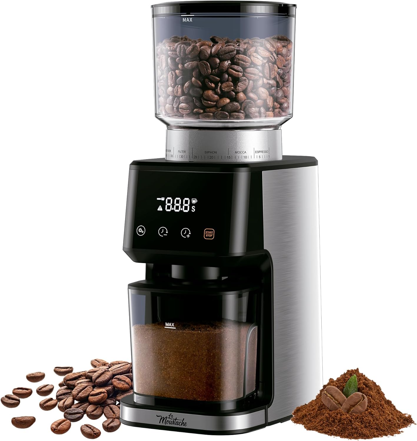 La Mousthache-Coffee Grinder and Spice Grinder Electric 165 W with Stainless Steel Blades, Conical Mechanism With 51 Degree Even Grinding, Capacity 350 G, 3-in-1 for Cups, Shot Or Time