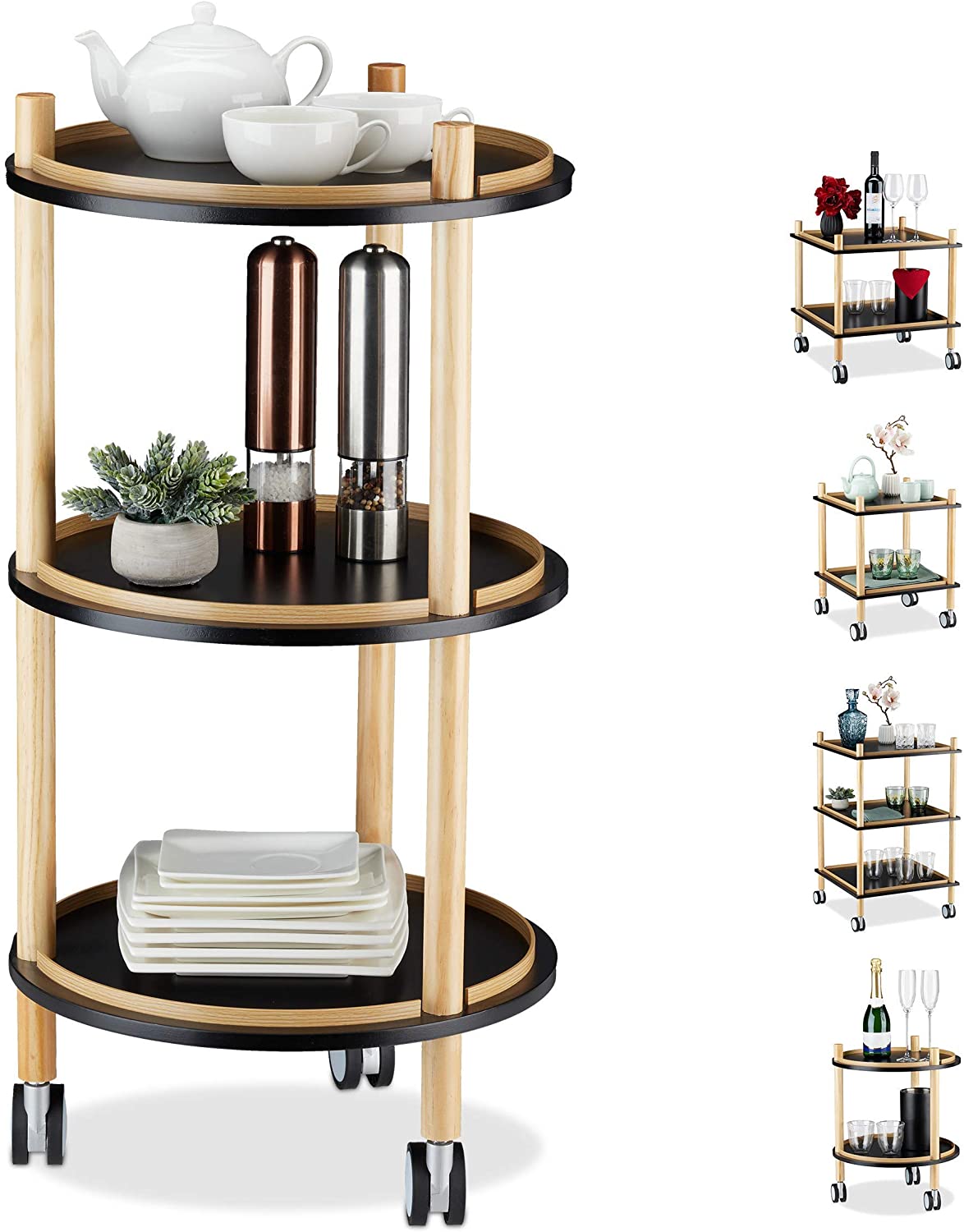 Relaxdays Side Table With Wheels, Round Or Square, 2-3 Levels, Wood, Mdf, S
