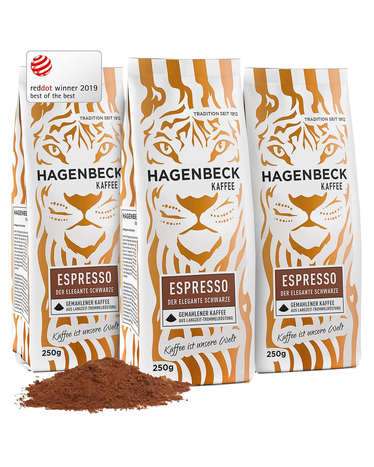 Hagenbeck Espresso 3x250g (750g) | Ground coffee from traditional roasting | Strong, spicy taste with a soft chocolaty note | Ground Coffee Beans | Ideal for fully automatic coffee machines
