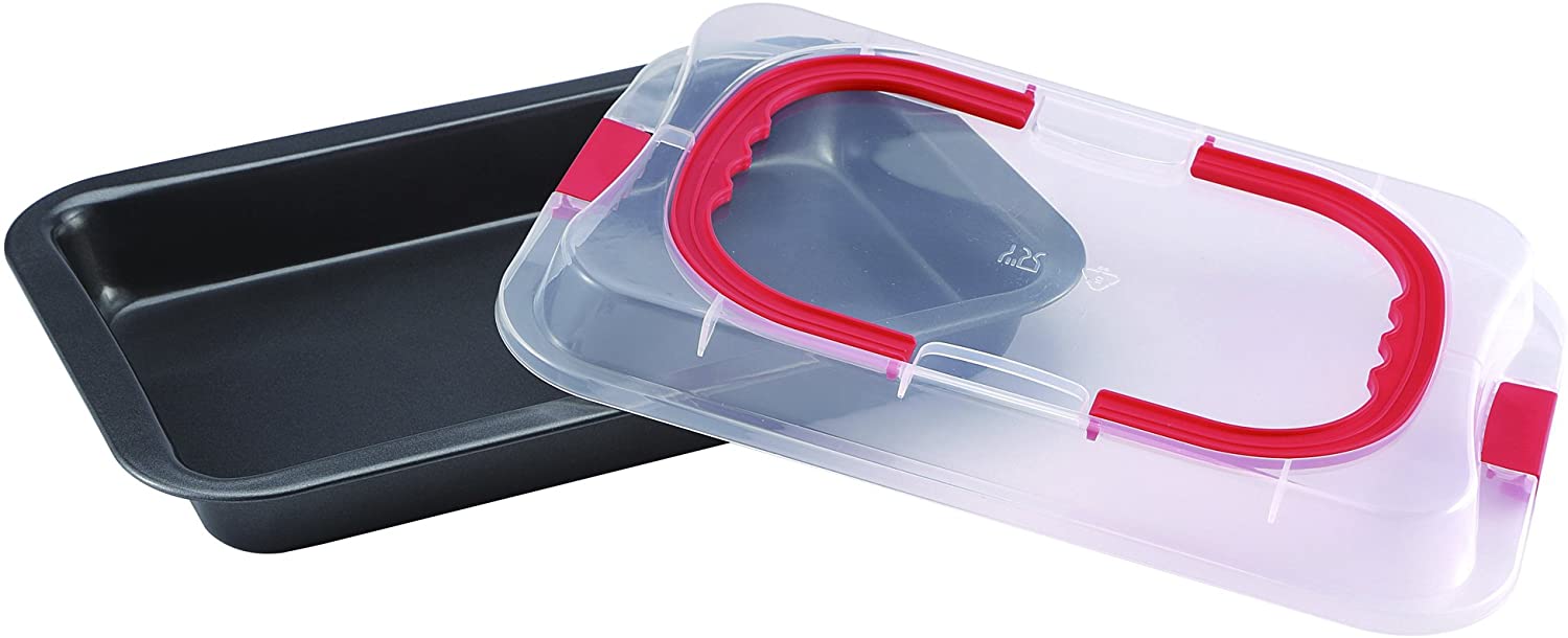 RENBERG BAKING - ROASTING PANS STAINLESS STEEL AND PLASTIC WITH RED HANDLES AND LID 36X23X4.5 CM