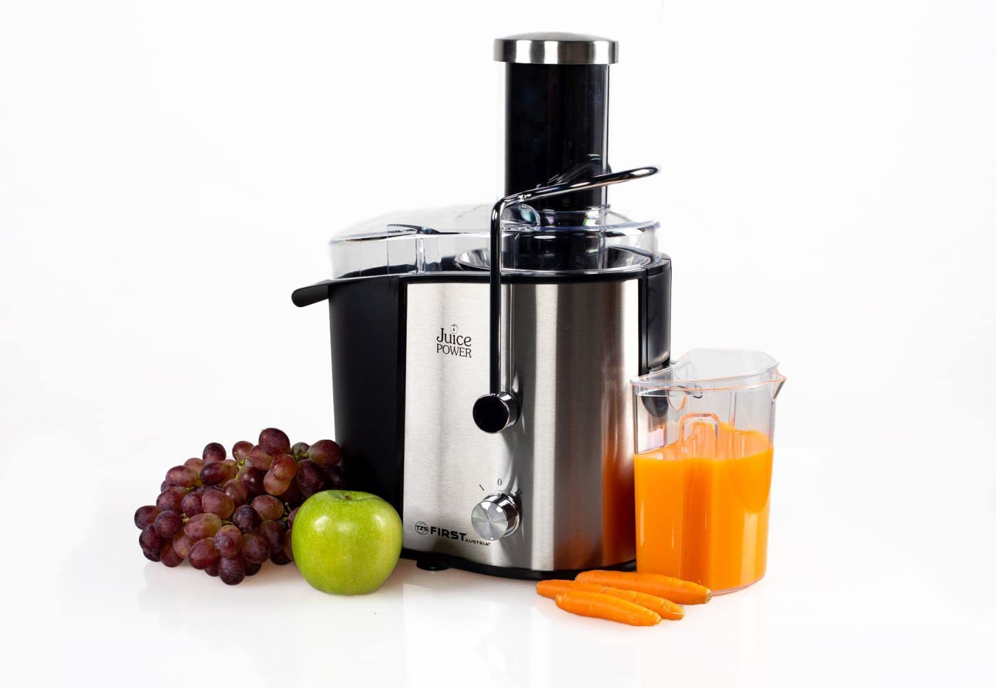 TZS First Austria - 800 Watt Stainless Steel Centrifugal Juicer XXL 75 mm Filling Opening, Suction Cup Feet, Drip Stop Function Centrifugal Juicer Electric Juicer Extractor, Overheating Protection BPA Free
