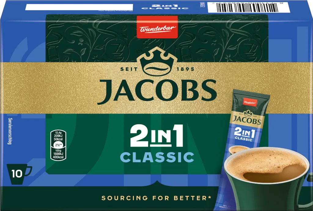 Jacobs Kaffee Instantgetränk 2 in 1 Classic 10x12,4g Packung 124g