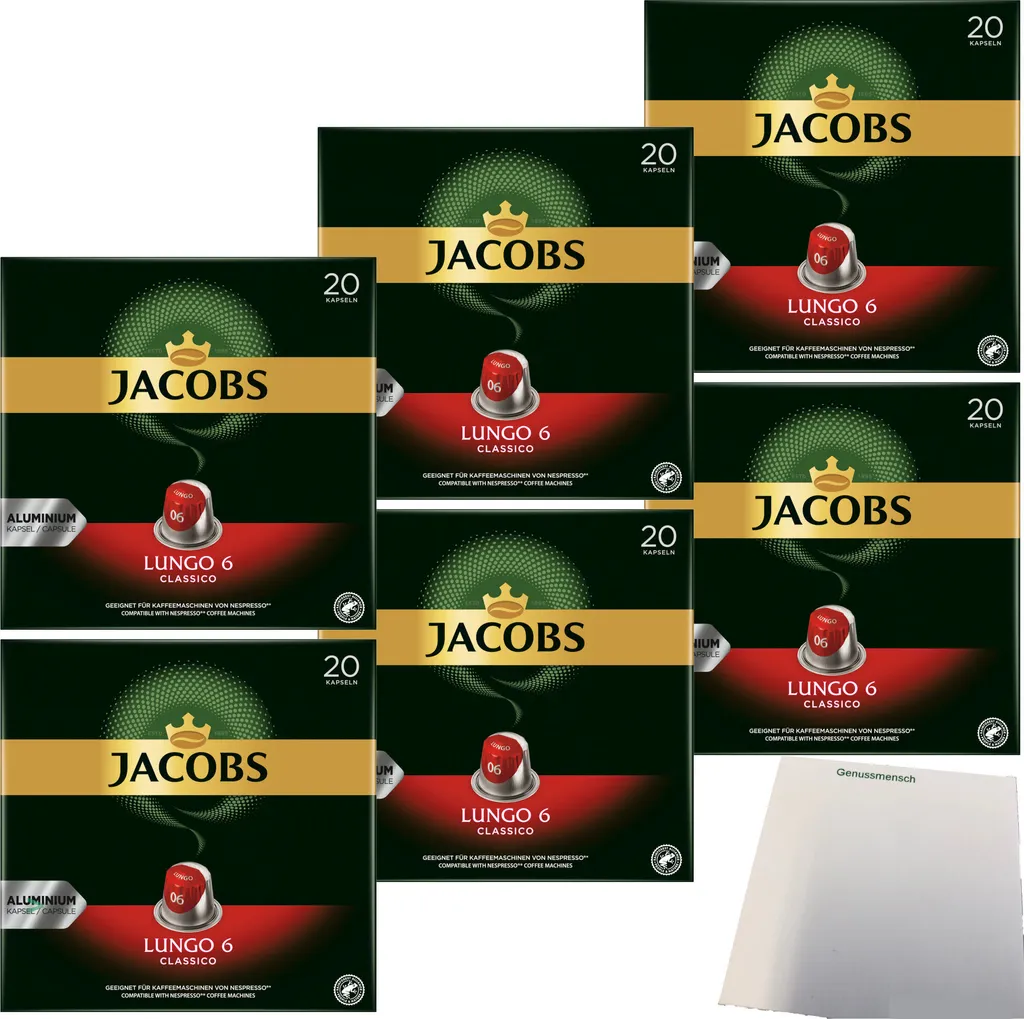 Jacobs Coffee Lungo 6 for Nespresso 120 capsules (6x104g pack) + usy block