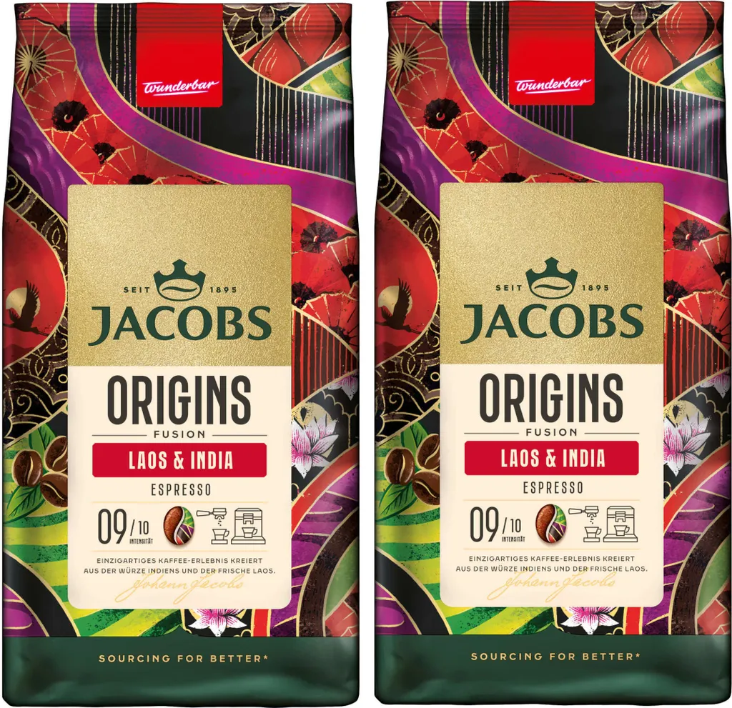 JACOBS Coffee Beans Origins Laos & India Espresso Whole Bean Roasted 2 x 1 kg