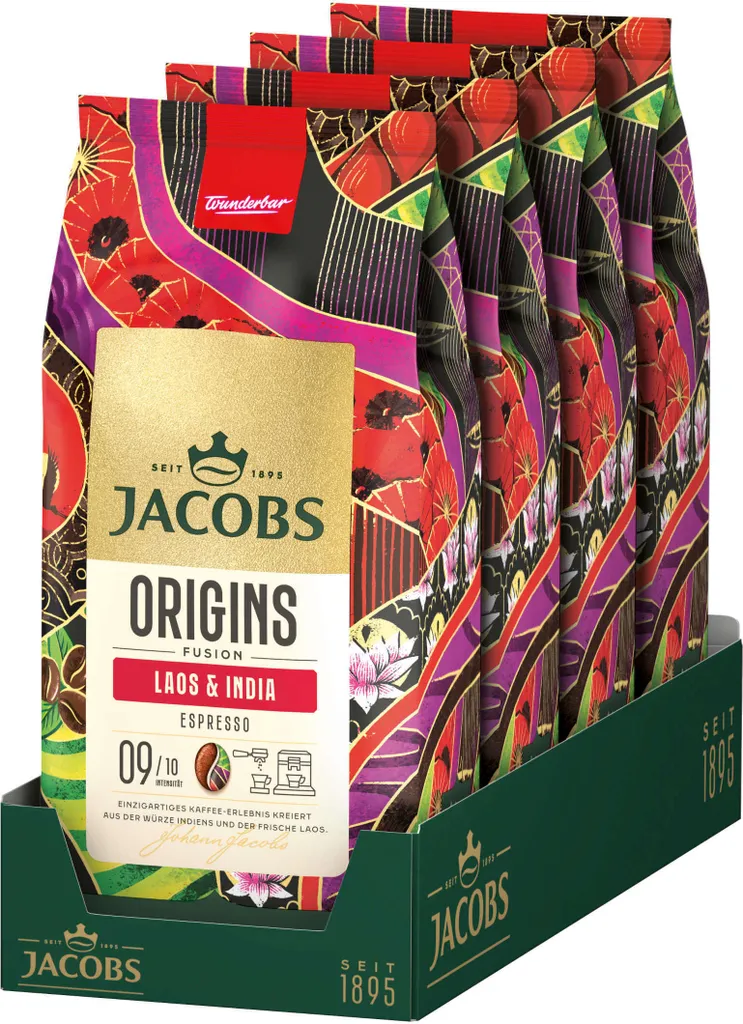 JACOBS Coffee Beans Origins Laos & India Espresso Whole Bean Roasted 4 x 1 kg