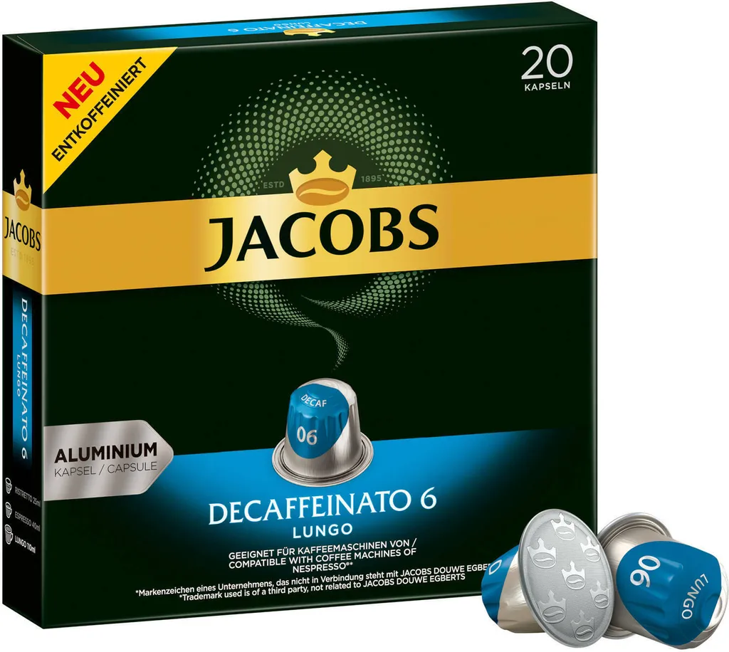 JACOBS Decaffeinato 6 Lungo decaffeinated capsules 1 x 20 Nespresso®* compatible coffee capsules